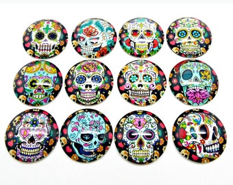 20mm Sugar Skull Cabochons, Day of the Dead, 3/4" Glass Cabs, Halloween Cabochons, Pack of 12, Halloween Jewelry, UK Seller