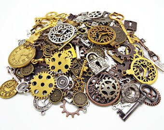 100 Steampunk Charms, Keys and Padlocks, Clocks and Cogs, Metal Charms, Mega Steampunk Pack, Bulk Charms, Steampunk Jewelry, UK Shop