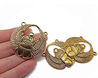 3 Antique Gold Scarab Pendants with Two Holes, 42x41mm Large Alloy Beetle Keyring or Bag Charm, UK Shop