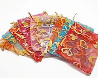 20 Metallic Organza Gift or Favor Bags in Mixed Colors, Heart Design with Gold Drawstring, Approx. 68x90mm