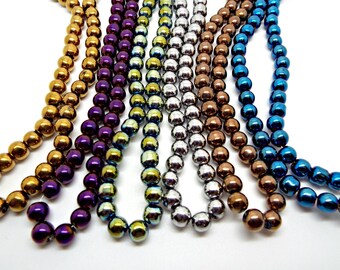 6mm Electroplated Glass Beads, Strand of 49 6mm Round Beads in 4 Colors, Metallic Glass for Beaded Jewelry, Metal Look Jewelry, UK Shop