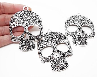 3 Large Skull Pendants, 66mm Gothic Pendants, Day of the Dead, Dark Antique Silver Style, Halloween Skulls, Jewelry Pendant Blanks, UK Shop