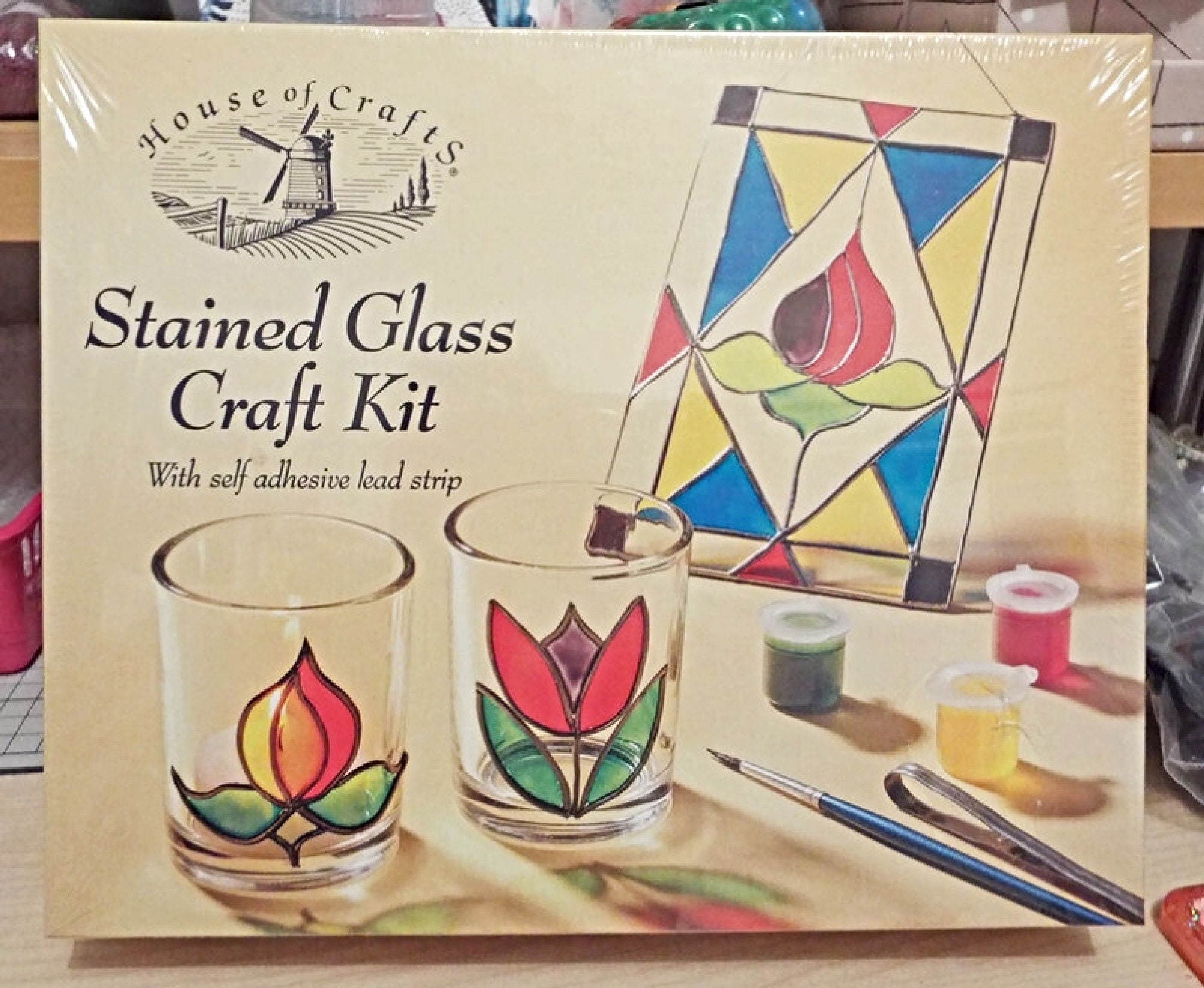 UK Shop Craft Starter Kit DIY Suncatcher Stained Glass Kit Glass Paints UK Craft Kit Lead Strip Full Instructions 2x Glass Votives