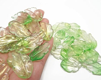 20 Glass Leaf Beads, 29x17mm, Transparent Beads, Green and Yellow, Pack of 20, Glass Beads, Green Leaf Bead, Bead Supplies, UK Shop