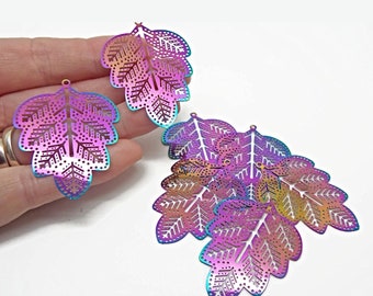 45mm Leaf Pendants in Rainbow Colours, Set of 5, Electroplated Stainless Steel, Filigree Style, Lightweight Findings, UK Shop