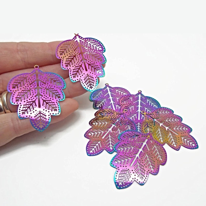 45mm Leaf Pendants in Rainbow Colours, Set of 5, Electroplated Stainless Steel, Filigree Style, Lightweight Findings, UK Shop image 1