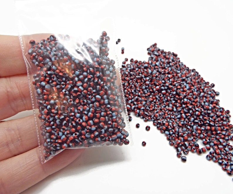 1200 Tri Color Seed Beads, Glass Beads, 20g Blue Red and Black, Size 11/12, 1.5-2mm Seed Beads, Bead Looming, UK Shop image 2