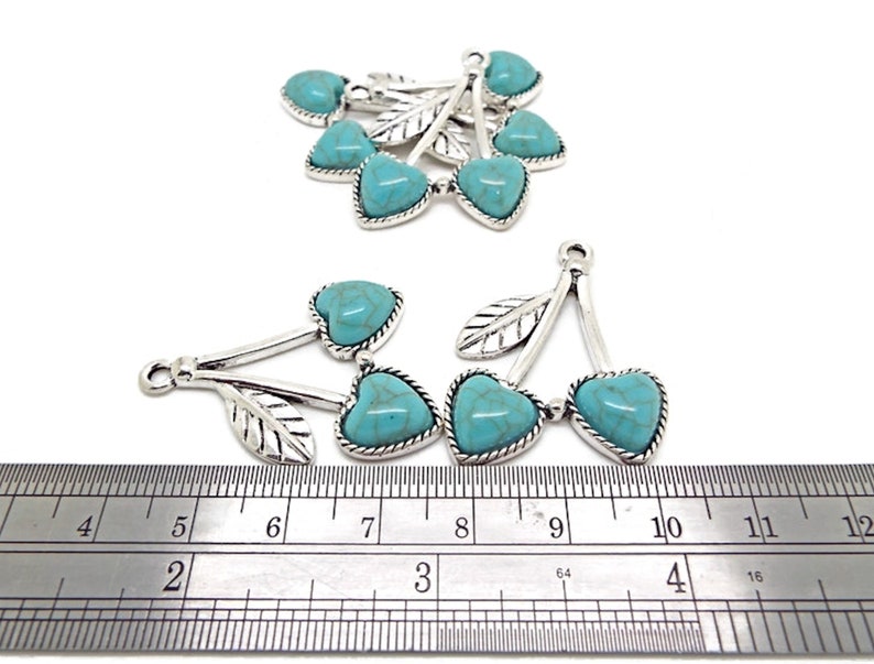 5 Faux Turquoise Cherry Pendants in Antique Silver Style, 37x26mm with 2mm Hole, Heart Shaped Faux Gemstone Fruit Charms, UK Shop image 5