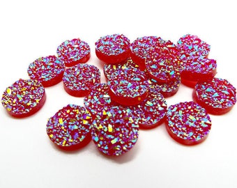 Red Faux Druzy Cabochon, 20 Resin Druzy, Round Cabochon, 12mm Cabochon Druzy, Sparkle Cabochons, Flat Back Druzy, UK Seller