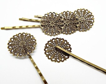 10 Bronze Filigree Hair Clips, Bronze Bobby Pins, Hair Accessories, 25mm Cabochon Setting, 64x25mm Hair Clip, UK Shop