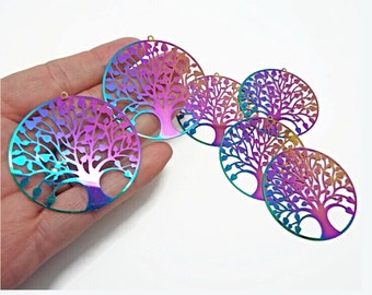 47mm Tree of Life Pendants, Electroplated Steel Rainbow Pendants, Filigree Style, Lightweight Jewelry Findings, UK Shop