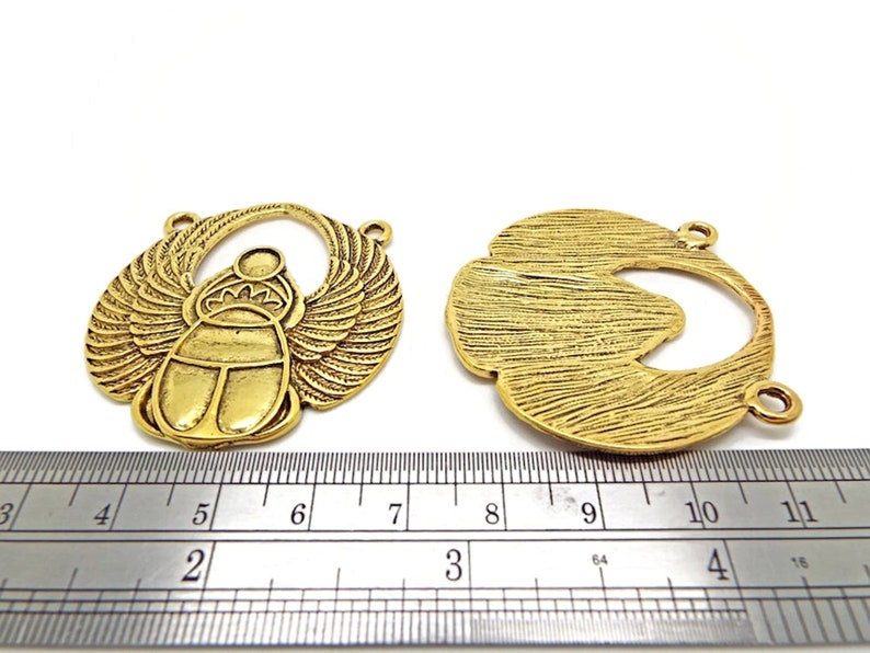 3 Antique Gold Scarab Pendants with Two Holes, 42x41mm Large Alloy Beetle Keyring or Bag Charm, UK Shop image 3