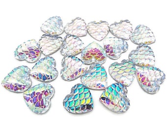 Silver Heart Cabochons, Fish Scale, 20 or 50, Resin Heart Flatbacks, 12mm Iridescent Cabochons, Dragon Scale, Papercraft Cabs, UK Shop