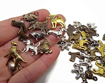 20 Mixed Dog Charms in Gold, Silver, Copper & Bronze, Jewelry Supplies, Metal Animal Jewelry Embellishments or Keyrings, UK Shop