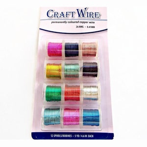 May include: A pack of 12 spools of 26 AWG permanently coloured copper wire, each spool containing 5 yards of wire. The colours include pink, blue, green, gold, silver, and more.