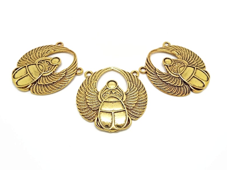 3 Antique Gold Scarab Pendants with Two Holes, 42x41mm Large Alloy Beetle Keyring or Bag Charm, UK Shop image 2