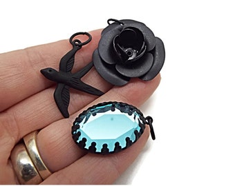 Black Pendants, Set of 3, Black Rose, Black Bird, Blue Glass Drop, Matte Pendants, Jewelry Supply, Steel and Alloy Charms, Gothic Pendants