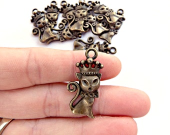 20 Bronze Cat in Crown Charms for Pet Jewellery, Bronze Tone 30x20mm Small Pendants, UK Shop