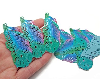 10 Large Filigree Feather Pendants, Enamelled in Green Blue Purple & Pink, 60x27mm, Stamped Metal, UK Shop