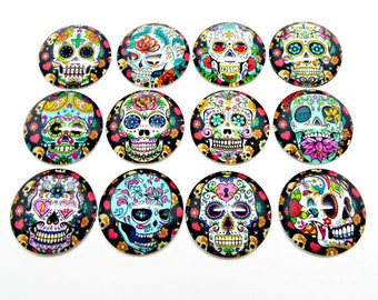 20mm Sugar Skull Cabochons, Day of the Dead, 3/4" Glass Cabs, Halloween Cabochons, Pack of 12, Halloween Jewelry, UK Seller