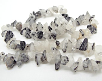 Tourmalinated Quartz Chip Beads, Grey White Gemstone Chips, 15 Inch Strand, Semiprecious Jewelry Beads, UK Shop