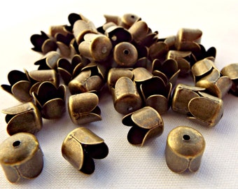 50 Bronze Bead Caps, Antique Bronze Tulip Flower Style, 8x8mm Bead Caps, Jewelry Findings, 1.3mm Hole, UK Shop