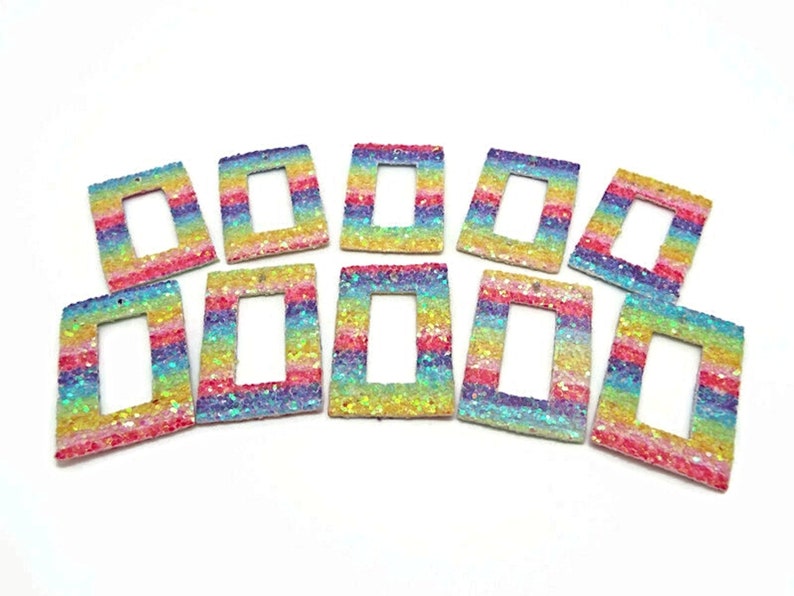 20 Faux Leather Pendants with Rainbow Sequin Glitter, 43x28x2mm Rectangle with Centre Cut-Out, Soft & Flexible, UK Shop image 4