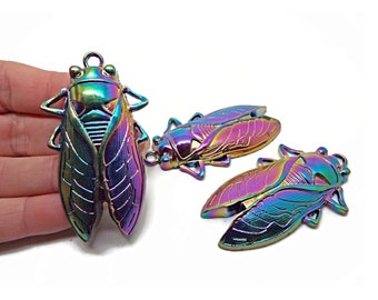 Large Cicada Rainbow Pendants, Set of 3, 62x34mm Insect Jewelry Metal Charms with 4mm Hole, Keyring Charm, UK Shop
