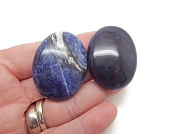 2x Natural Sodalite Oval Cabochons, 40x30x8.5mm, No Hole Jewellery Gemstone in Blue, White and Black, Stone for Wire, Polymer Clay, UK Shop