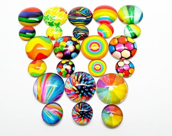 Rainbow Flatback Glass Cabochons, Pack of 12 or 30 in 12 Designs, 16mm or 10mm, Mixed Color Jewelry Cabs, UK Shop