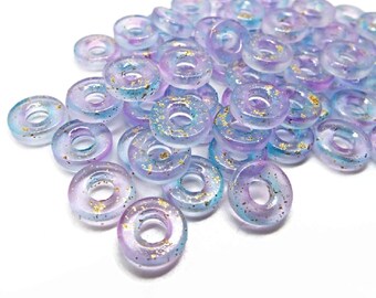 50 Donut Shaped Glass Beads with Gold Foil in Purple and Blue, 11x3mm Hole 4mm, Flat Back Cabochons, Domed Top, Transparent Glass, UK Shop