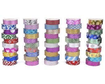 50 Rolls Metallic Tape & Glitter Tape, 15mm Decorative Tape, 3 Metres per Roll, Mixed Designs, Scrapbook Journal Supplies, UK Shop