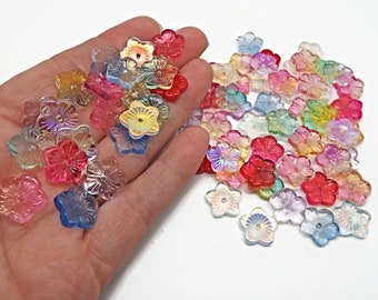 25x 13mm Glass Flower Beads in Mixed Colors, Floral Jewelry Making Beads, Center Drilled, Rainbow Colors, Glass Jewelry Beads, UK Shop