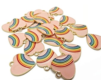 10 Rainbow Heart Charms, Pink with Gold Base, 20x18mm Metal Enamel Pendants, Zinc Based Alloy Jewelry Pendants, Keyring Charms, UK Shop