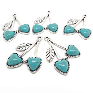 5 Faux Turquoise Cherry Pendants in Antique Silver Style, 37x26mm with 2mm Hole, Heart Shaped Faux Gemstone Fruit Charms, UK Shop image 2