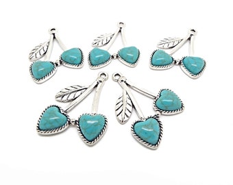 5 Faux Turquoise Cherry Pendants in Antique Silver Style, 37x26mm with 2mm Hole, Heart Shaped Faux Gemstone Fruit Charms, UK Shop