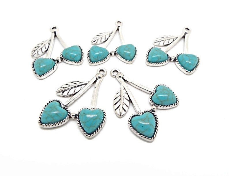 5 Faux Turquoise Cherry Pendants in Antique Silver Style, 37x26mm with 2mm Hole, Heart Shaped Faux Gemstone Fruit Charms, UK Shop image 2