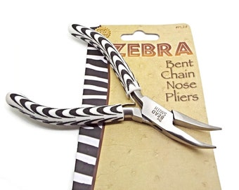 Bent Chain Nose Pliers in Zebra Stripe Design, Polished Steel, Double Leaf Spring, Boxjoint Pliers, Slip Resistant Grip, Jewelry Plier, UK