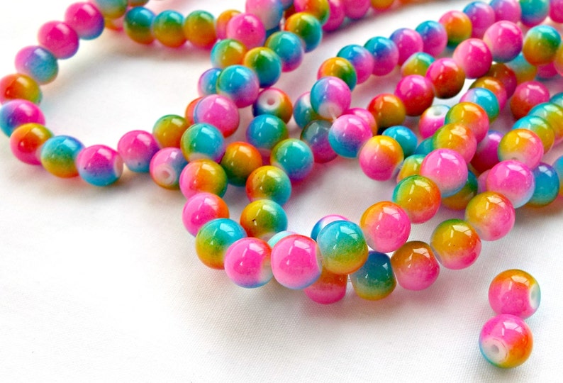 Mixed Color UK Seller 100 Rainbow Beads 8mm Glass Beads Round Beads Bright Color Beads Jewelry Supplies Jewelry Beads Glass Rounds
