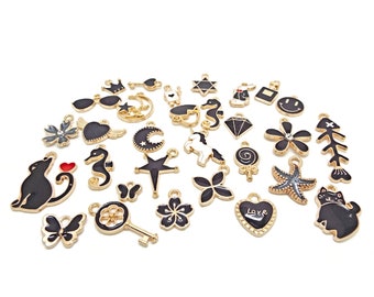 30 Black & Gold Enamel Pendants, 12-35mm Metal Charms, Zinc Based Alloy Jewelry Pendants and Keyring Charms, UK Shop