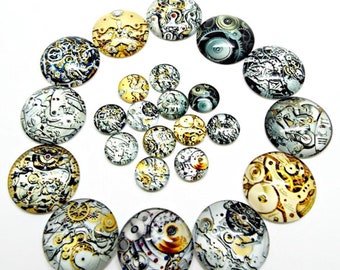 Glass Steampunk Jewelry Cabochons, 20mm or 10mm, Pack of 12 or 30, 12 Designs, Domed Watch Part Cog Cabs, UK Shop