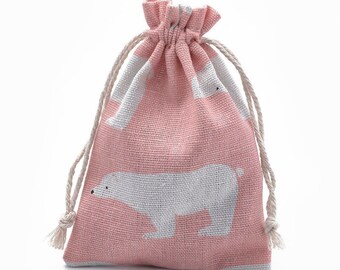 5 Pink Polar Bear Gift Bags, 14x10cm Canvas Drawstring Bags, Jewelry Presentation, Gift Pouches, Jewelry Gift Bag, Animal Pouch, UK Shop