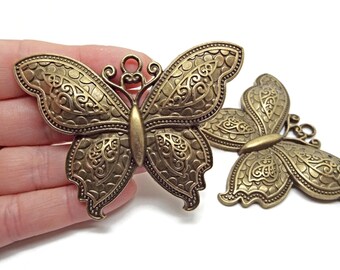 2 Antique Bronze Butterfly Pendants for Insect Jewellery, Keyring Making & Bag Charms, 70x52mm, UK Shop