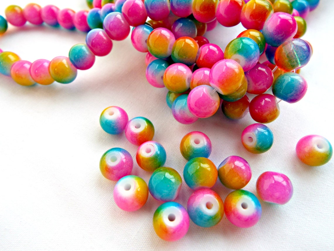 100 Rainbow Beads 8mm Glass Beads Round Beads Bright Color Etsy