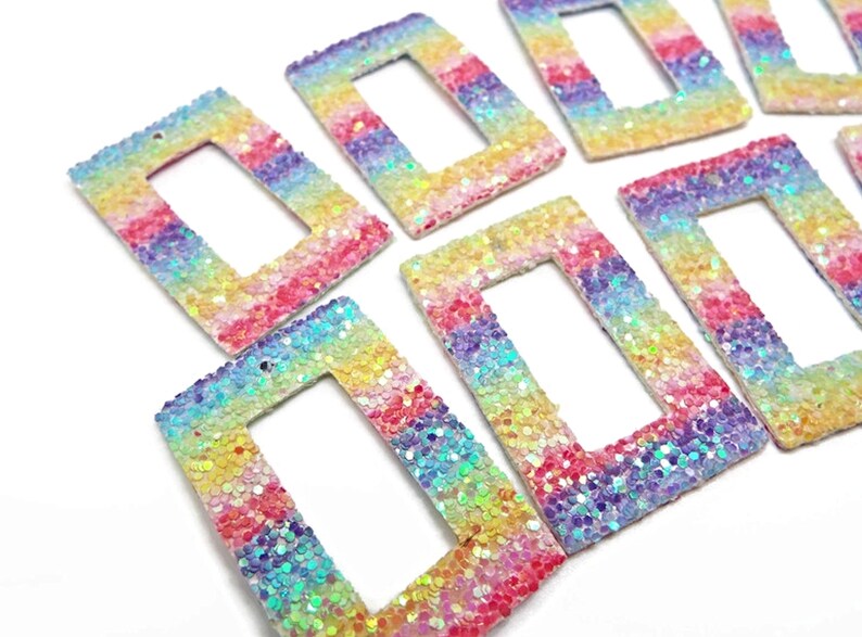 20 Faux Leather Pendants with Rainbow Sequin Glitter, 43x28x2mm Rectangle with Centre Cut-Out, Soft & Flexible, UK Shop image 2