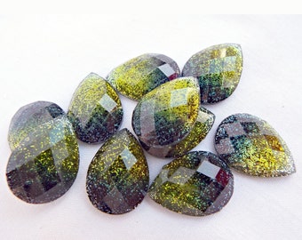 Green Glitter Cabs, 10 Glitter Cabochons, Faceted Teardrop, Sparkle Cabochons, Ombre Style, Teardrop Cabochon, Green Cabs, UK Seller