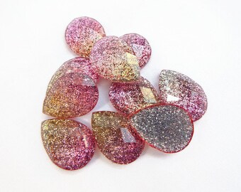 10 Glitter Teardrop Cabochons, Faceted Teardrop, Flatback Cabochons, Kawaii Resin Cabs, Glitter Deco, Craft Supplies, UK Seller