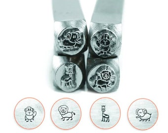 4pc Zoo Animals 6mm Metal Stamps, ImpressArt, Elephant, Monkey, Giraffe & Lion Hand Stamping Punch, Metal Jewelry Design Tool, UK Shop