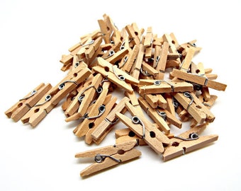 50 Mini Wooden Pegs, Mini Pegs, Rustic Clips, Natural Pegs, 1 Inch Pegs, Mini Clips, Stationary Pegs, Craft Pegs, 25mm Wood Clips, UK Seller