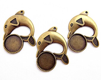 3 Dolphin Bezel Pendants in Antique Bronze with 15mm Cabochon Setting, Metal Jewellery Making Blanks, UK Shop